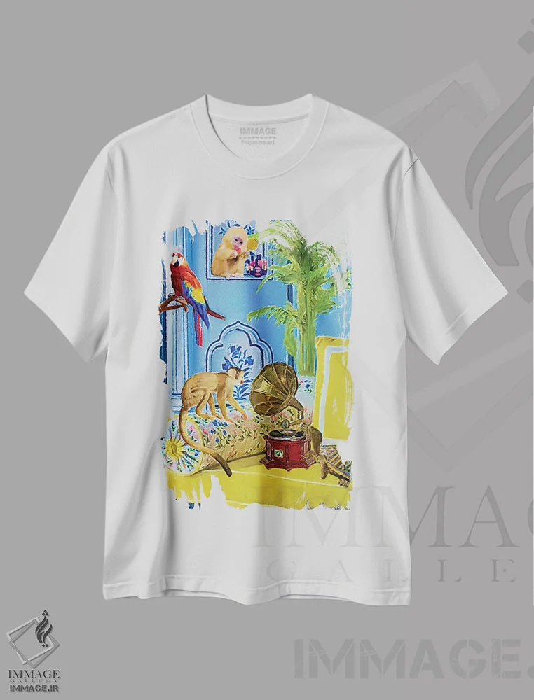 تیشرت سفید طرح دار دوستان پرکار، هنر فاخر معاصر اثر لوسی کلیمنکو | فروشگاه ایماژ