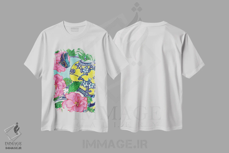 تیشرت سفید طرح دار کاملیا و پروانه آبی، شینوازری اثر لوسی کلیمنکو | immage.ir