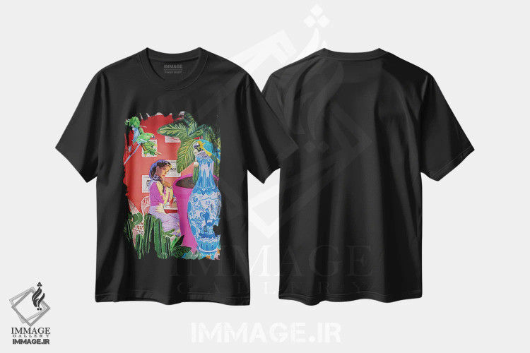 تیشرت مشکی طرح دار سرقت گوشواره مرواریدی، باربیکور اثر لوسی کلیمنکو | فروشگاه ایماژ