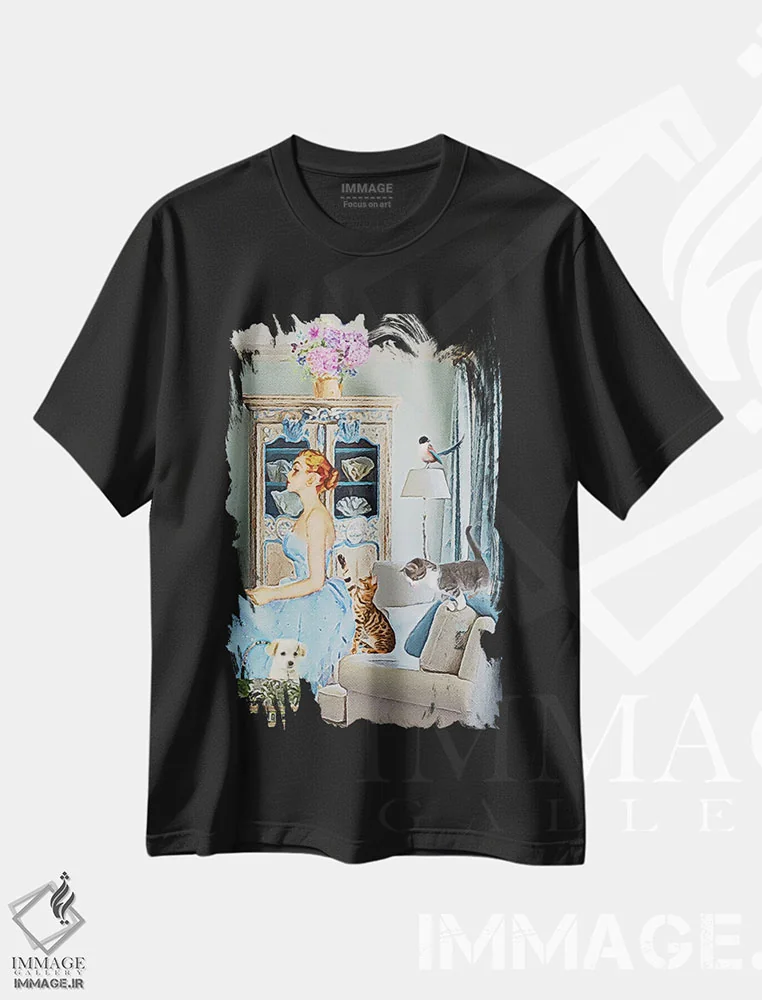 تیشرت مشکی طرح دار در فکر شیطنت، هنر فاخر معاصر اثر لوسی کلیمنکو | immage.ir