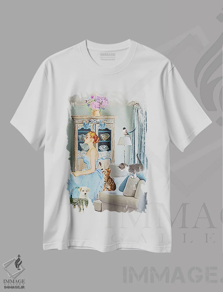 تیشرت سفید طرح دار در فکر شیطنت، هنر فاخر معاصر اثر لوسی کلیمنکو | فروشگاه ایماژ