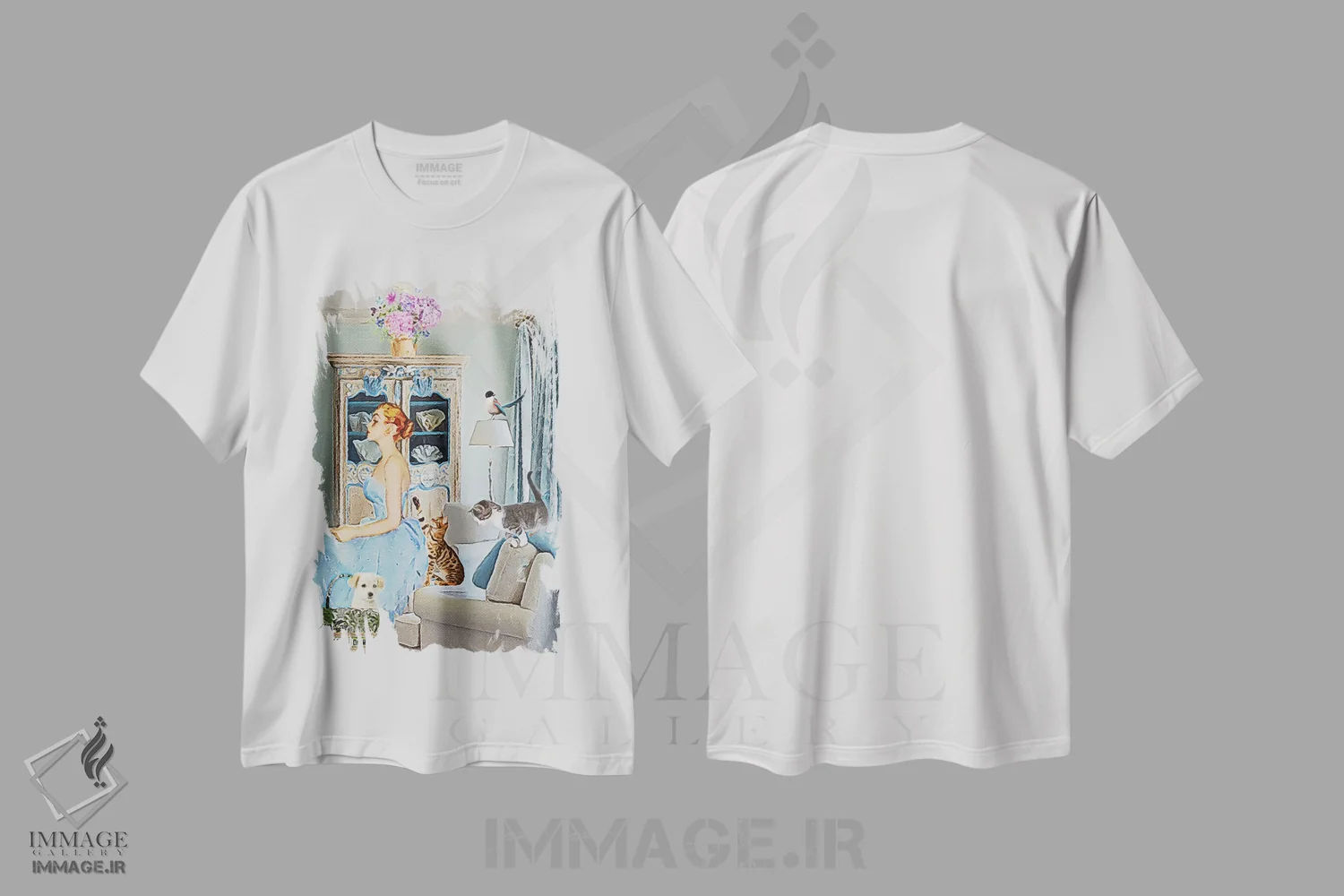 تیشرت سفید طرح دار در فکر شیطنت، هنر فاخر معاصر اثر لوسی کلیمنکو | فروشگاه ایماژ