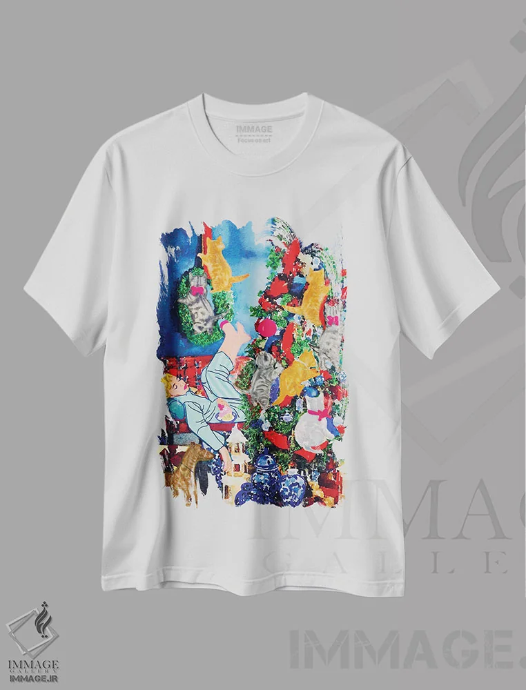 تیشرت سفید طرح دار چه کسی نگهبان را نگهبانی می کند؟، هنر فاخر معاصر اثر لوسی کلیمنکو | immage.ir