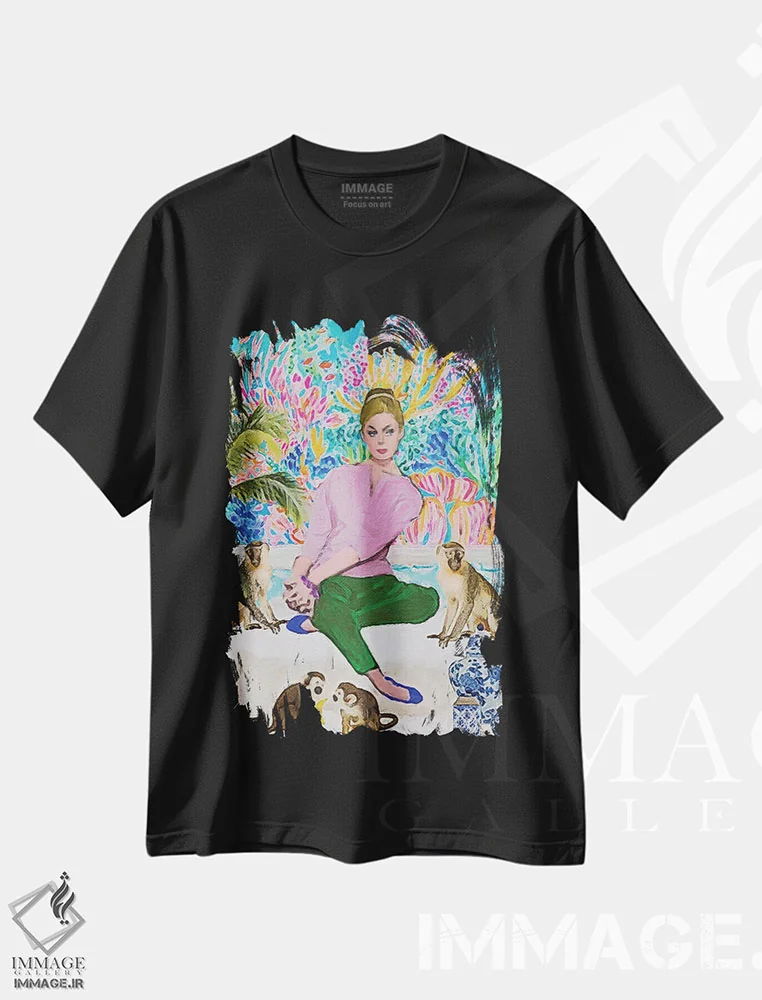 تیشرت مشکی طرح دار بلوند و چهار میمون، باربیکور اثر لوسی کلیمنکو | فروشگاه ایماژ