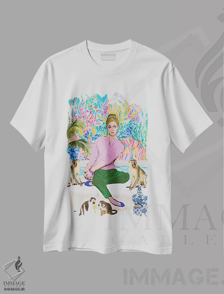 تیشرت سفید طرح دار بلوند و چهار میمون، باربیکور اثر لوسی کلیمنکو | immage.ir