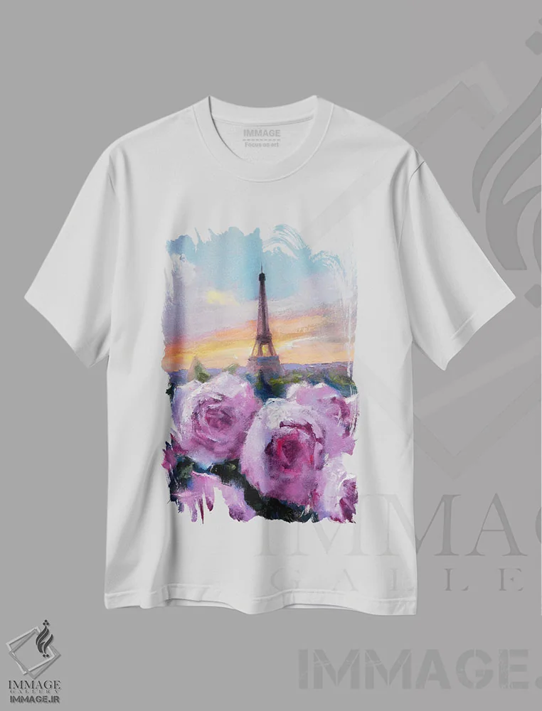 تیشرت سفید طرح دار رمانس در پاریس، دکور معاصر اثر النا لوکینا | فروشگاه ایماژ