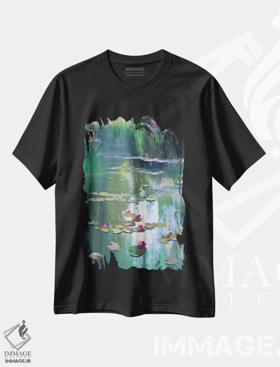 تیشرت مشکی طرح دار برکه بهاری، هنر فاخر معاصر اثر النا لوکینا | فروشگاه ایماژ