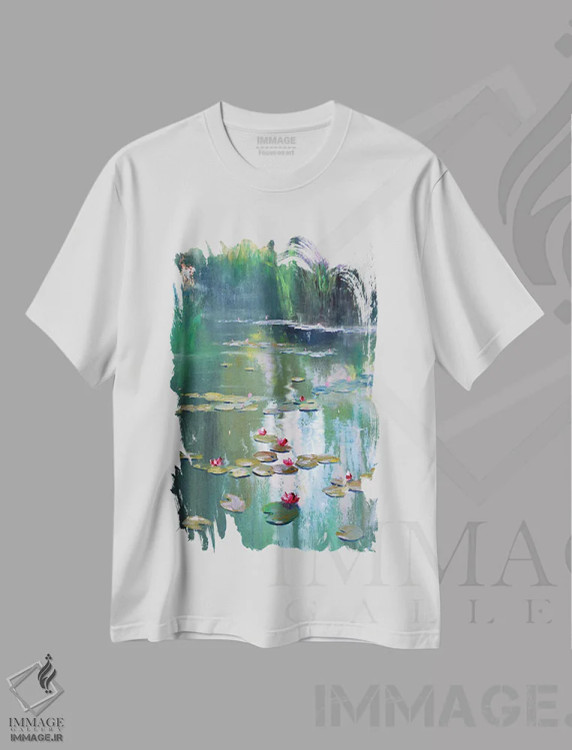 تیشرت سفید طرح دار برکه بهاری، هنر فاخر معاصر اثر النا لوکینا | immage.ir