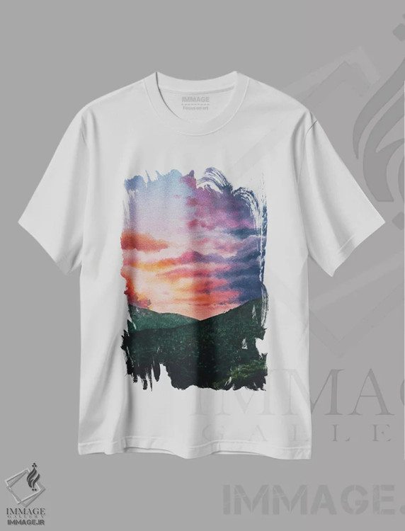تیشرت سفید طرح دار غروب پاستلی، هنر فاخر معاصر اثر لیام کوموات | فروشگاه ایماژ