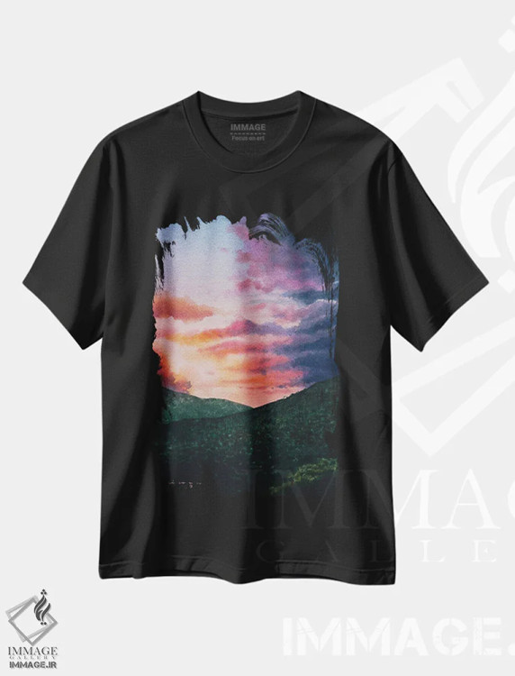 تیشرت مشکی طرح دار غروب پاستلی، هنر فاخر معاصر اثر لیام کوموات | immage.ir