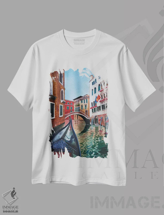 تیشرت سفید طرح دار کانال ونیز IV، هنر فاخر معاصر اثر لیام کوموات | فروشگاه ایماژ