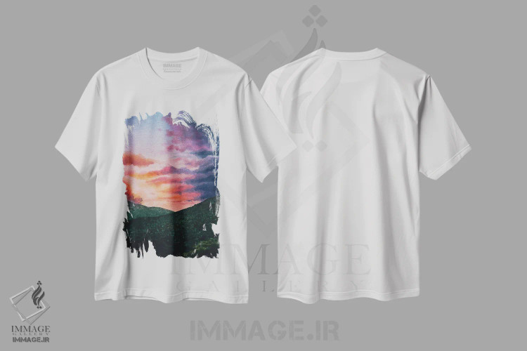 تیشرت سفید طرح دار غروب پاستلی، هنر فاخر معاصر اثر لیام کوموات | فروشگاه ایماژ