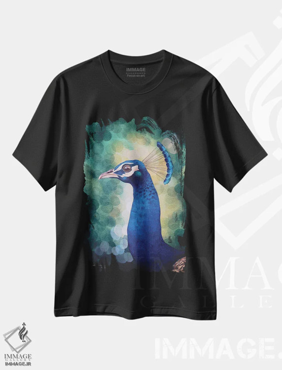تیشرت مشکی طرح دار طاووس، هنر فاخر معاصر اثر لیام کوموات | فروشگاه ایماژ