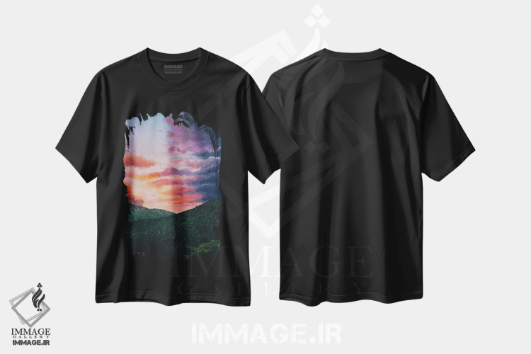 تیشرت مشکی طرح دار غروب پاستلی، هنر فاخر معاصر اثر لیام کوموات | immage.ir