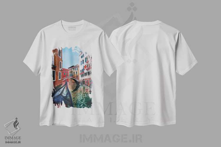 تیشرت سفید طرح دار کانال ونیز IV، هنر فاخر معاصر اثر لیام کوموات | فروشگاه ایماژ