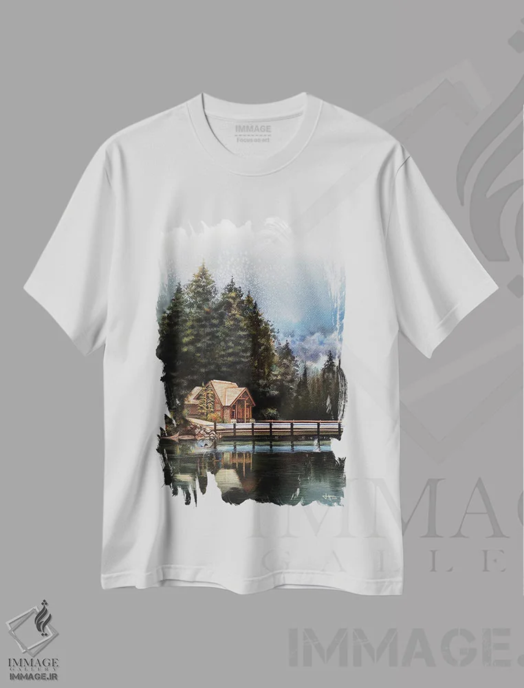 تیشرت سفید طرح دار نسیم، دکور کلبه و لژ اثر لیام کوموات | فروشگاه ایماژ