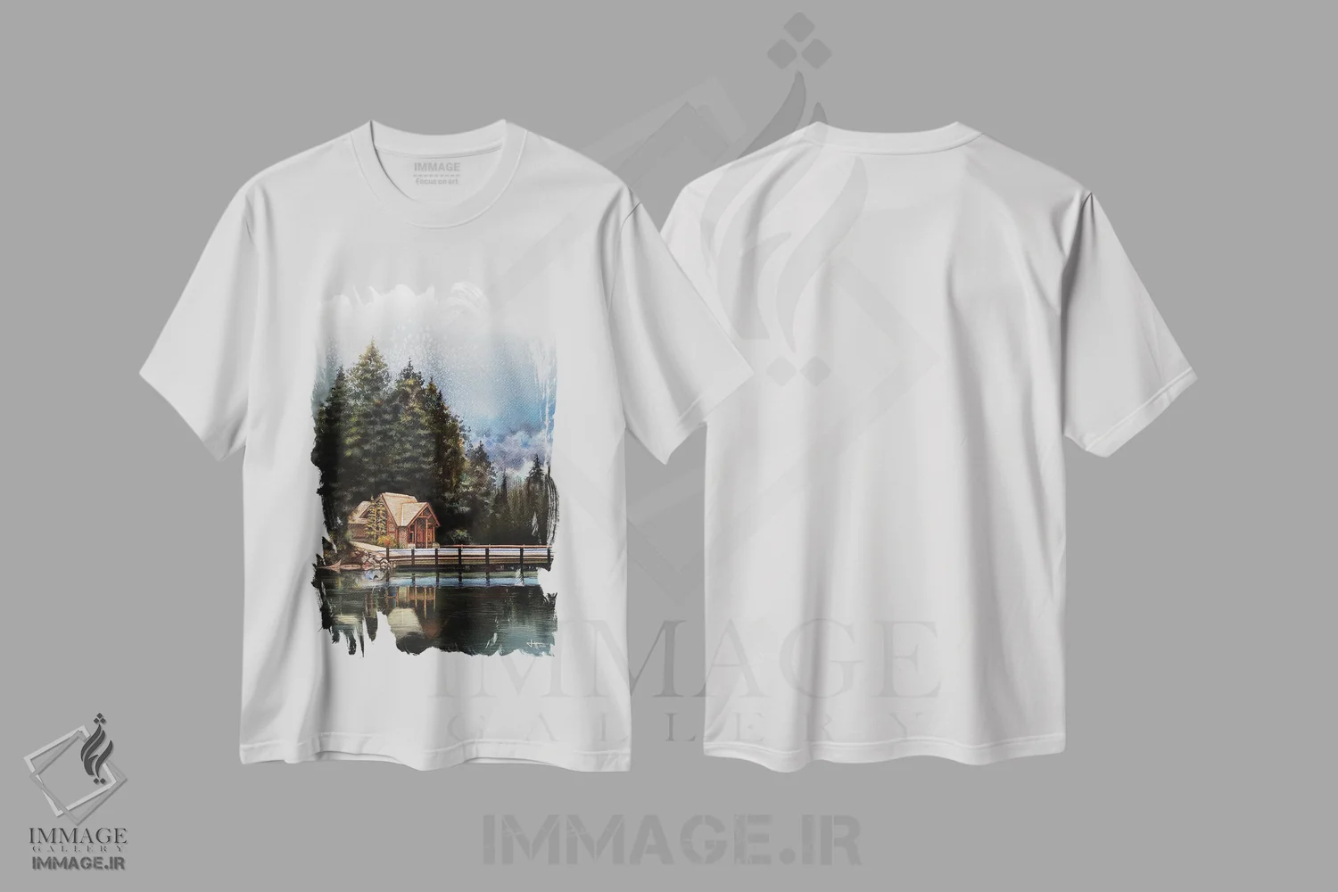 تیشرت سفید طرح دار نسیم، دکور کلبه و لژ اثر لیام کوموات | فروشگاه ایماژ