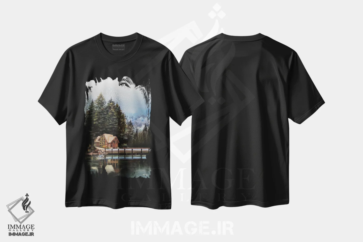 تیشرت مشکی طرح دار نسیم، دکور کلبه و لژ اثر لیام کوموات | immage.ir