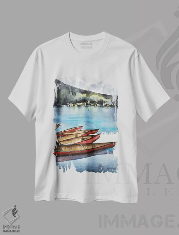 تیشرت سفید طرح دار دریاچه لوییس II، دکور کلبه و لژ اثر لیام کوموات | فروشگاه ایماژ