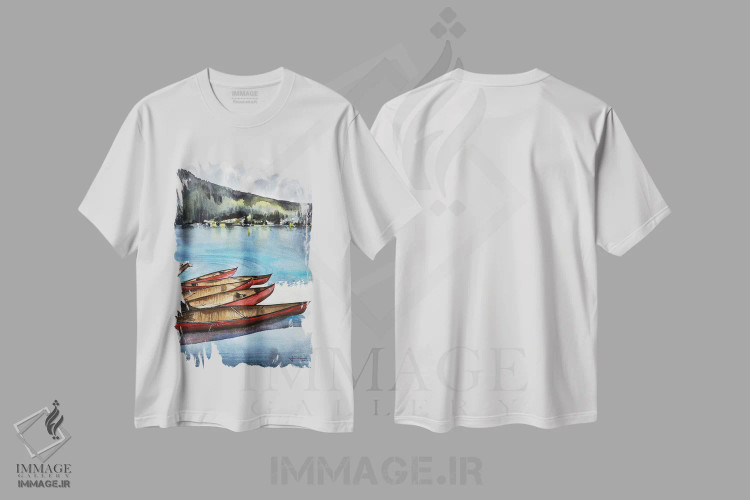 تیشرت سفید طرح دار دریاچه لوییس II، دکور کلبه و لژ اثر لیام کوموات | فروشگاه ایماژ