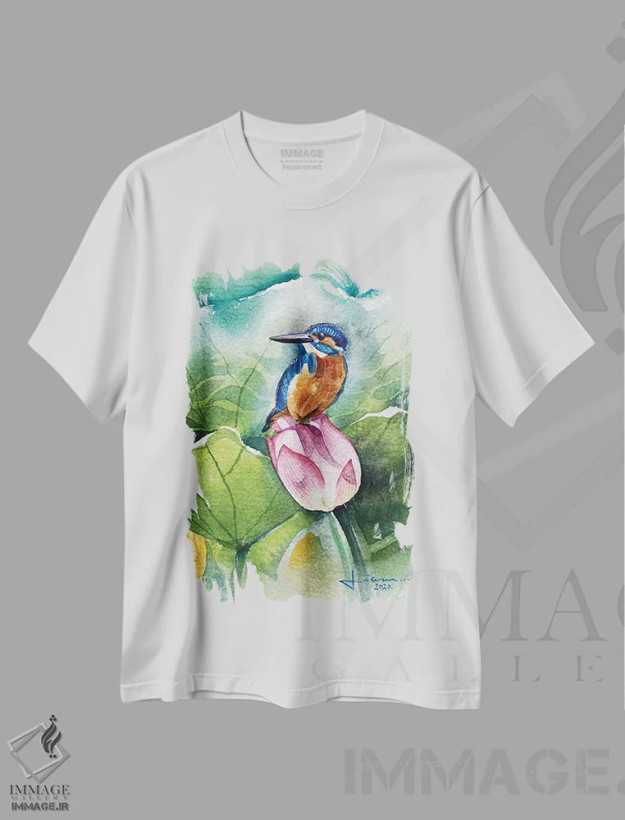 تیشرت سفید طرح دار مرغ ماهی خوار، تزئینی اثر لیام کوموات | فروشگاه ایماژ