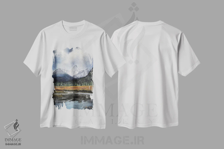 تیشرت سفید طرح دار دریاچه کوهستانی، دکور کلبه و لژ اثر لیام کوموات | فروشگاه ایماژ