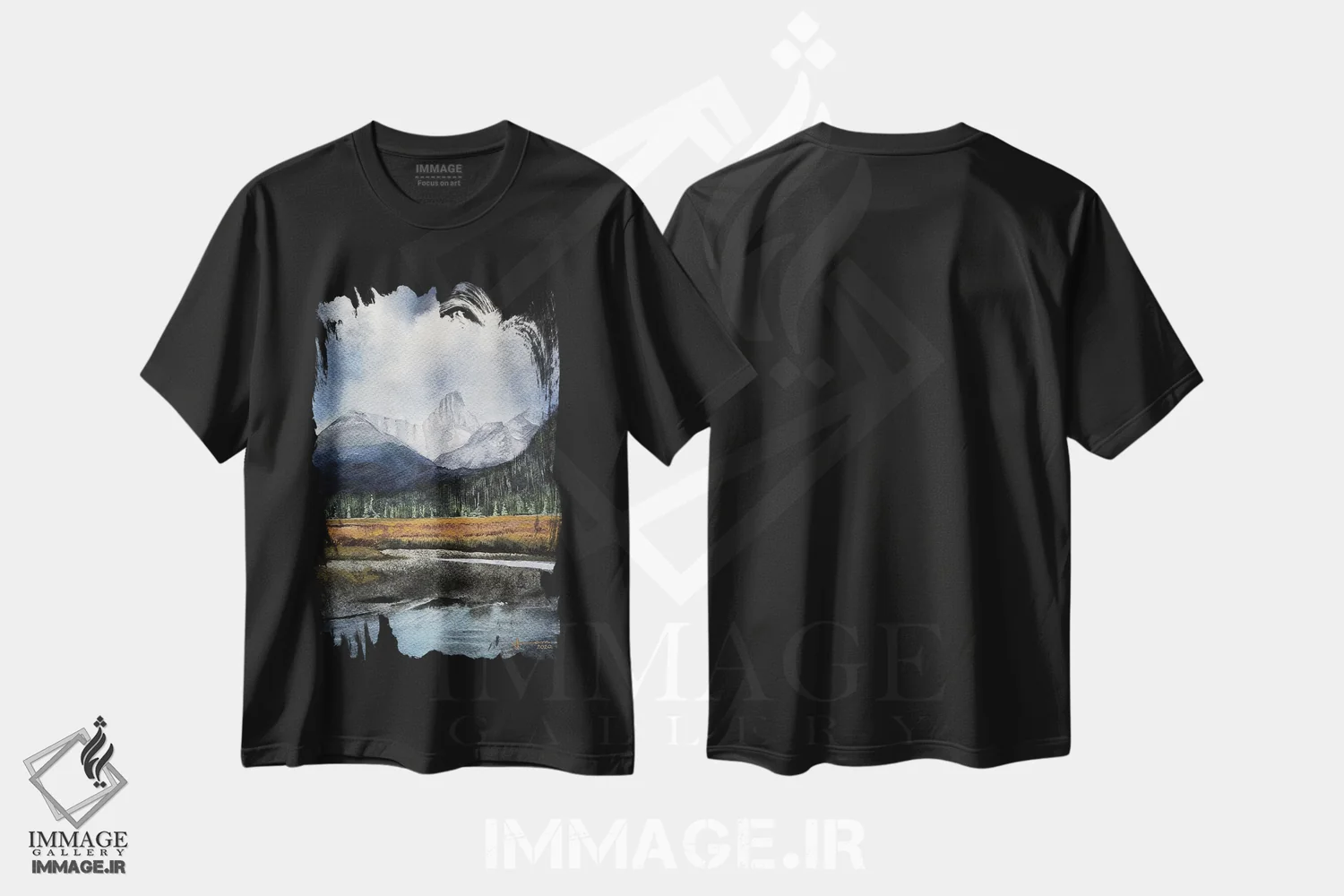 تیشرت مشکی طرح دار دریاچه کوهستانی، دکور کلبه و لژ اثر لیام کوموات | immage.ir