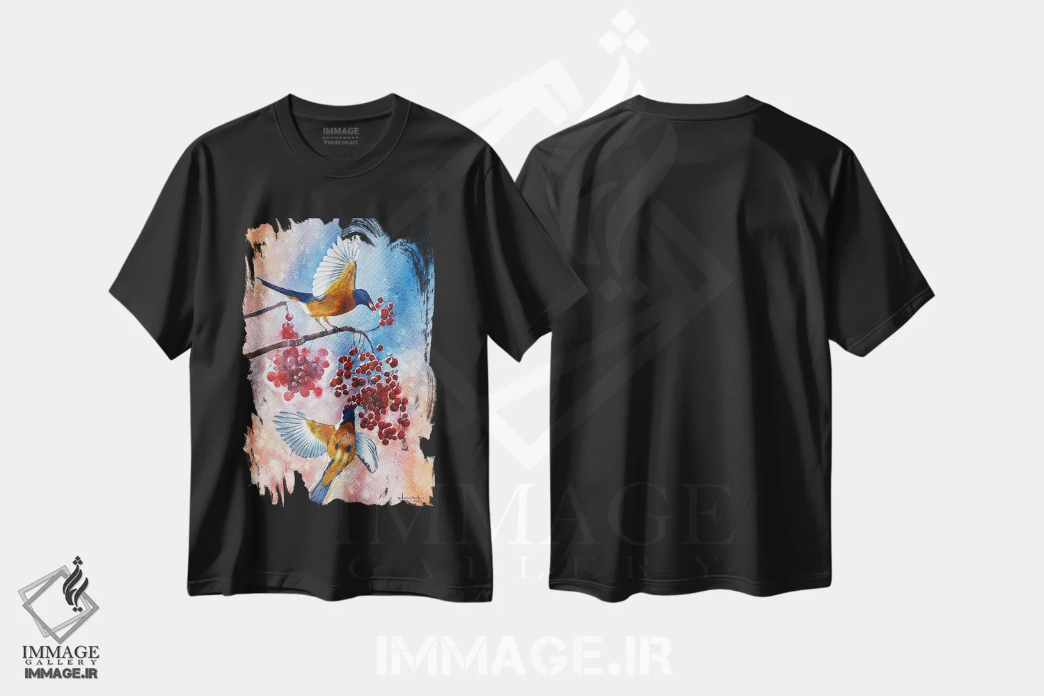 تیشرت مشکی طرح دار پارسنگ کبود، دکور کلبه و لژ اثر لیام کوموات | فروشگاه ایماژ