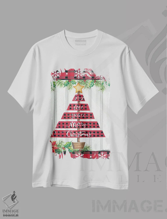 تیشرت سفید طرح دار درخت با شطرنجی بوفالو قرمز، تابلو و عبار ت های کریسمسی اثر لیزا کندی | فروشگاه ایماژ