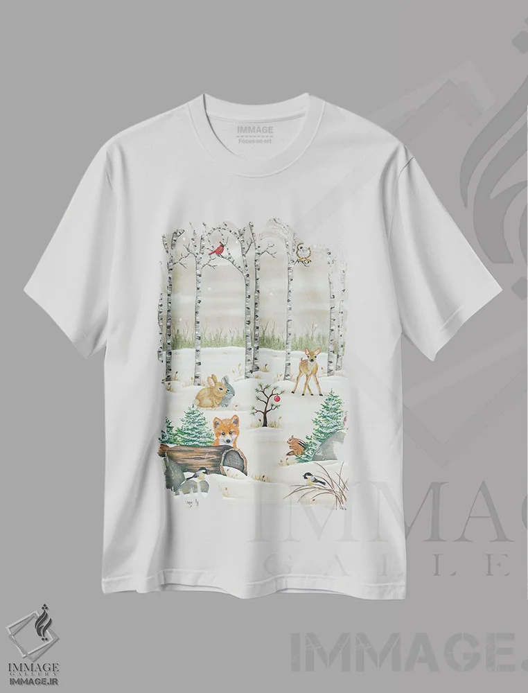 تیشرت سفید طرح دار جانوران جنگلی، هنر دیجیتال اثر لیزا کندی | immage.ir