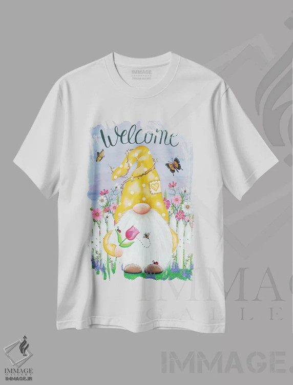 تیشرت سفید طرح دار کوتوله باغی بهاری، تزئینی اثر لیزا کندی | فروشگاه ایماژ