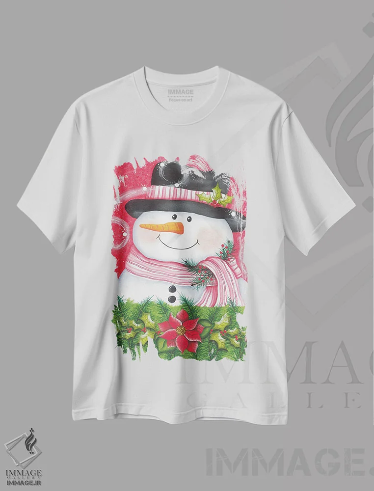 تیشرت سفید طرح دار آدم برفی و بنت قونسول، دکور تعطیلات اثر لیزا کندی | فروشگاه ایماژ