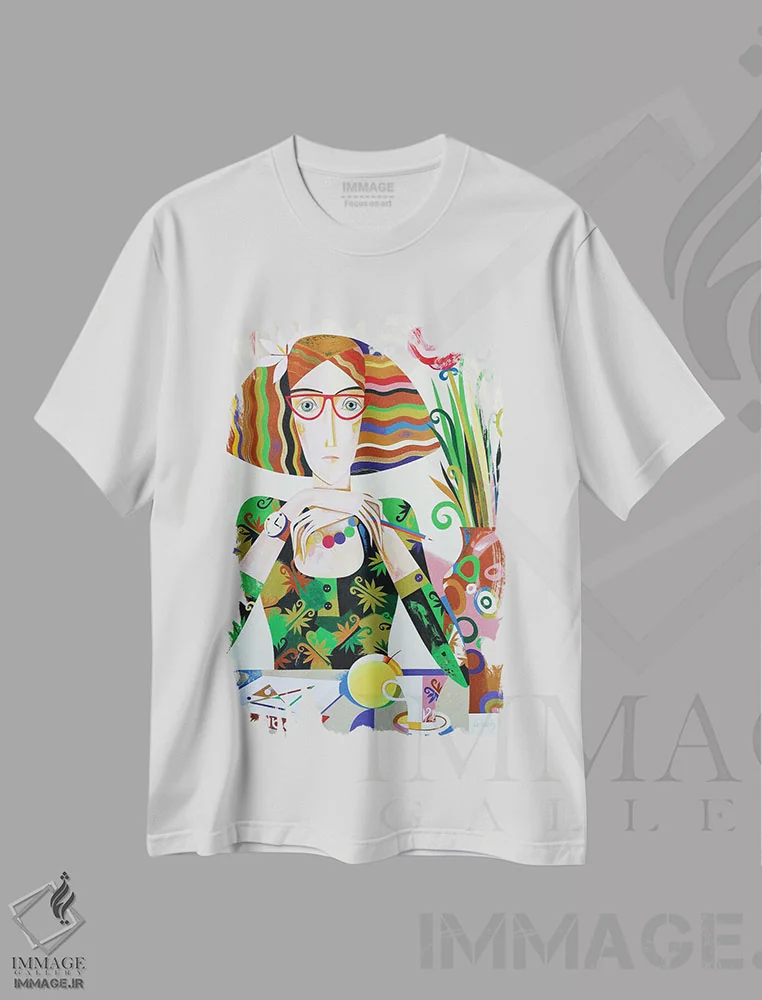 تیشرت سفید طرح دار خانم معلم، هنر فاخر معاصر اثر نِلی لوکاشیک | immage.ir