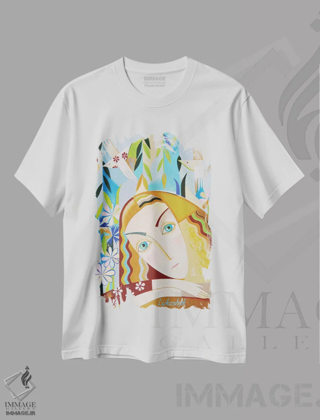 تیشرت سفید طرح دار آواز پرندگان، هنر فاخر معاصر اثر نِلی لوکاشیک | فروشگاه ایماژ