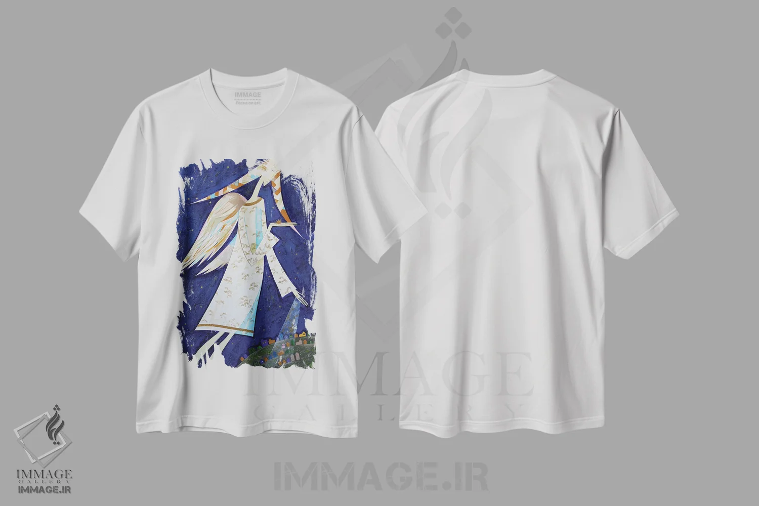 تیشرت سفید طرح دار فرشتگان برای ما، هنر فاخر معاصر اثر نِلی لوکاشیک | فروشگاه ایماژ