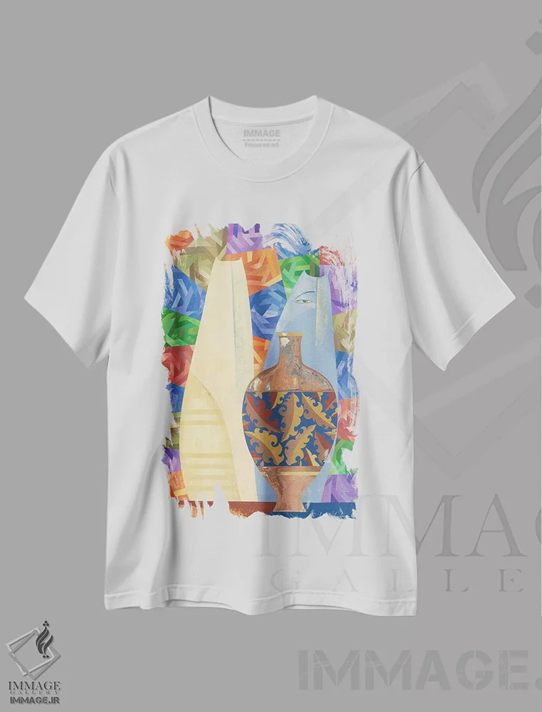 تیشرت سفید طرح دار چینی و گربه های آبی، آبستره اثر نِلی لوکاشیک | فروشگاه ایماژ