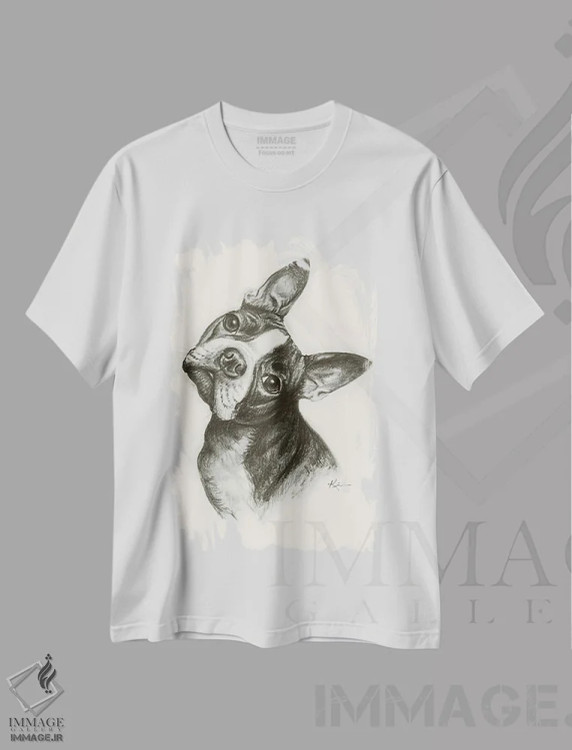 تیشرت سفید طرح دار طرح اسکچ بوستون تریر، دست نقاشی و طراحی دستی اثر لینزی کیوی | فروشگاه ایماژ