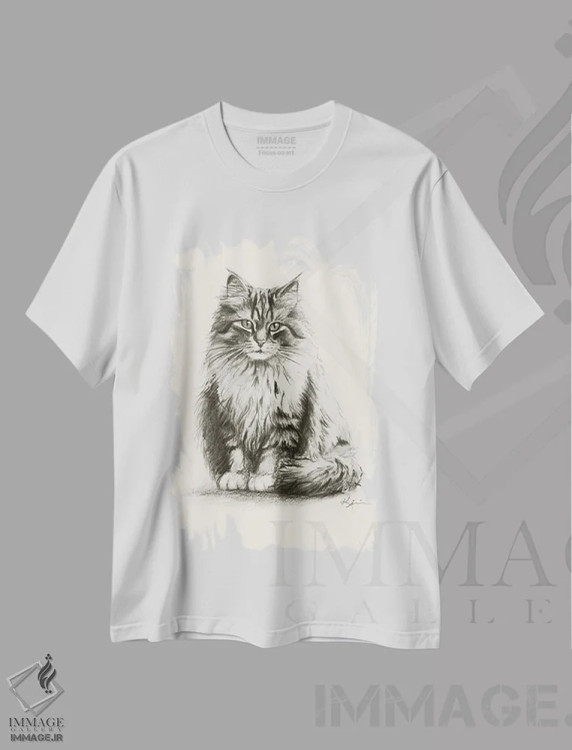 تیشرت سفید طرح دار طرح اسکچ گربهٔ سیبری، دست نقاشی و طراحی دستی اثر لینزی کیوی | فروشگاه ایماژ