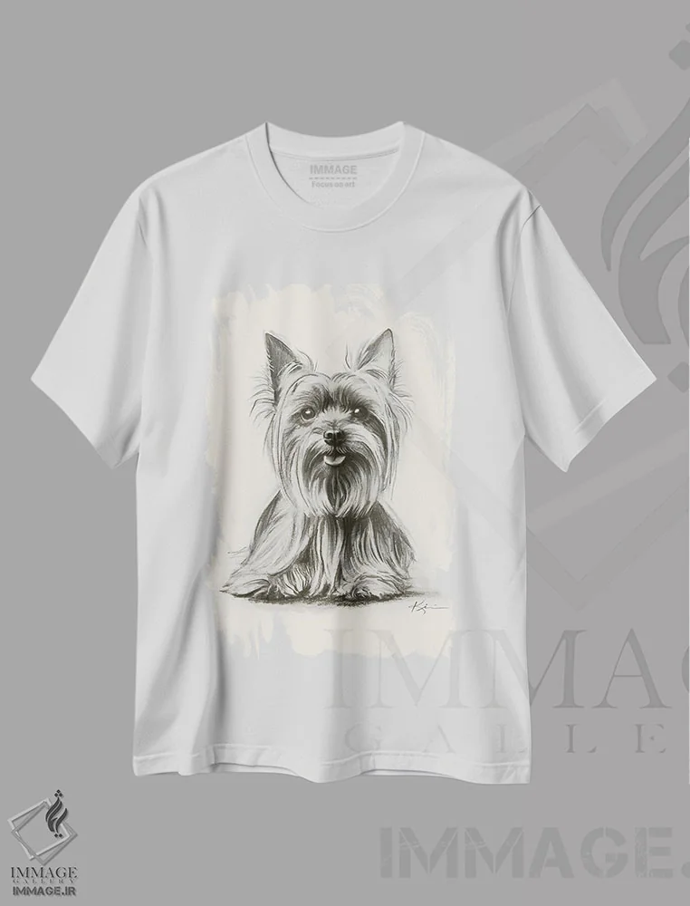 تیشرت سفید طرح دار طرح اسکچ یورکشایر تریر، دست نقاشی و طراحی دستی اثر لینزی کیوی | immage.ir