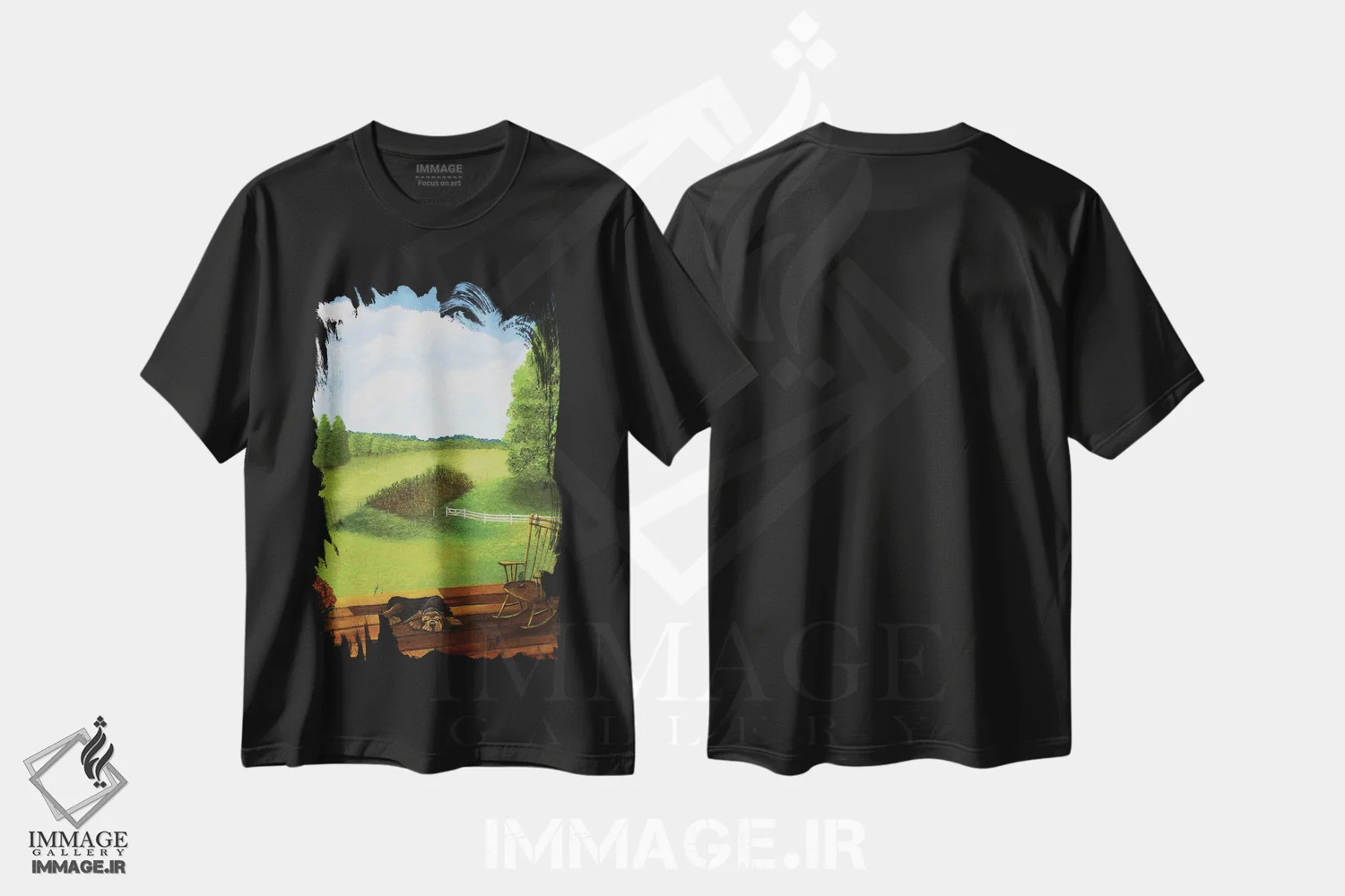 تیشرت مشکی طرح دار نمای ایوان پشتی، دکور روستایی اثر شریل میلر لَکی | فروشگاه ایماژ
