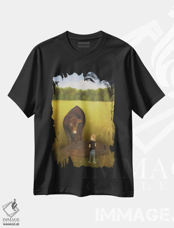 تیشرت مشکی طرح دار دیدار با گاو، دکور روستایی اثر شریل میلر لَکی | immage.ir