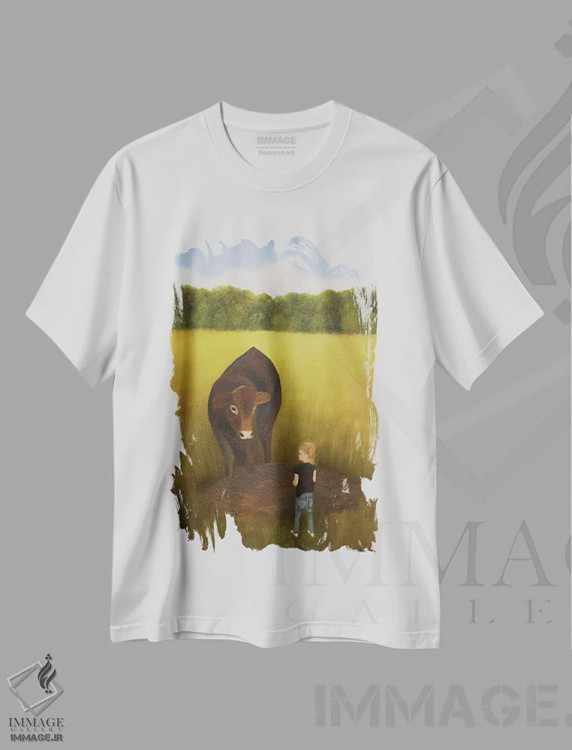تیشرت سفید طرح دار دیدار با گاو، دکور روستایی اثر شریل میلر لَکی | فروشگاه ایماژ