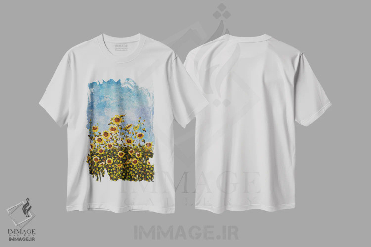 تیشرت سفید طرح دار مزرعه آفتابگردان، دکور روستایی اثر شریل میلر لَکی | فروشگاه ایماژ