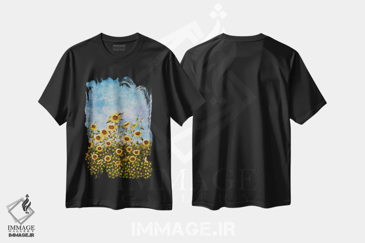 تیشرت مشکی طرح دار مزرعه آفتابگردان، دکور روستایی اثر شریل میلر لَکی | immage.ir