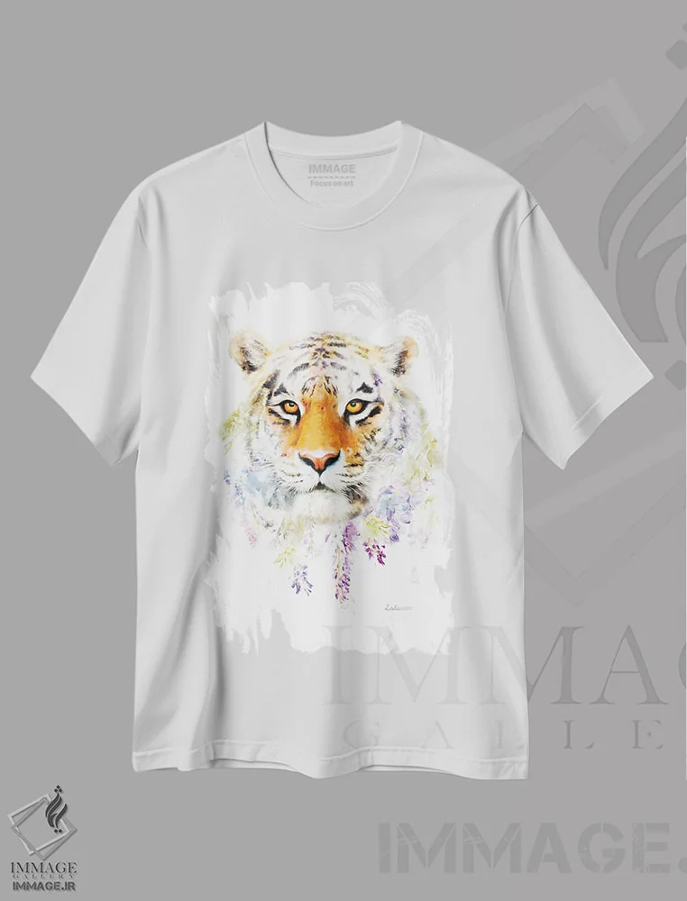 تیشرت سفید طرح دار ببر گیاهی حیات وحش، هنر دیجیتال اثر لولا دیزاین | فروشگاه ایماژ