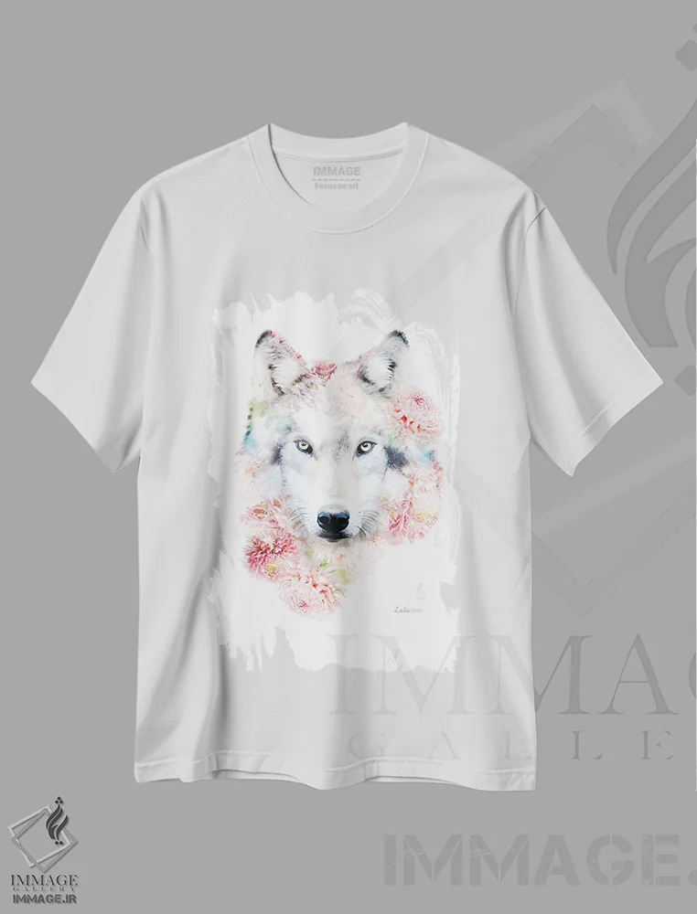 تیشرت سفید طرح دار گرگ گیاهی حیات وحش، هنر دیجیتال اثر لولا دیزاین | فروشگاه ایماژ