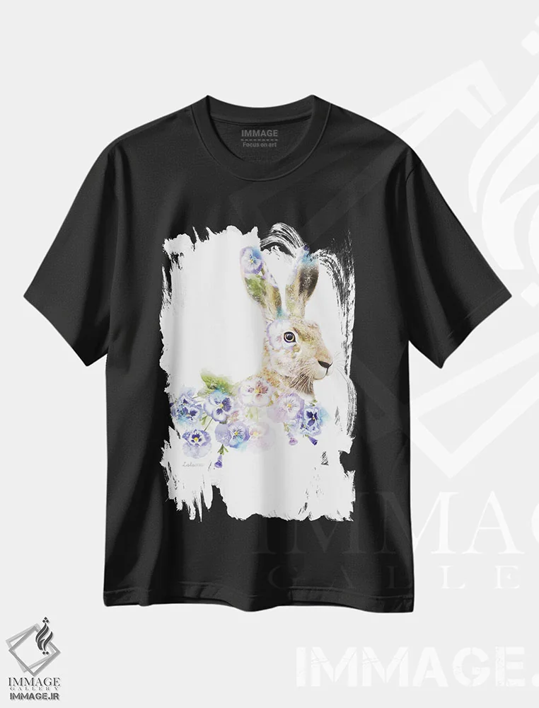 تیشرت مشکی طرح دار خرگوش گیاهی حیات وحش، هنر دیجیتال اثر لولا دیزاین | فروشگاه ایماژ