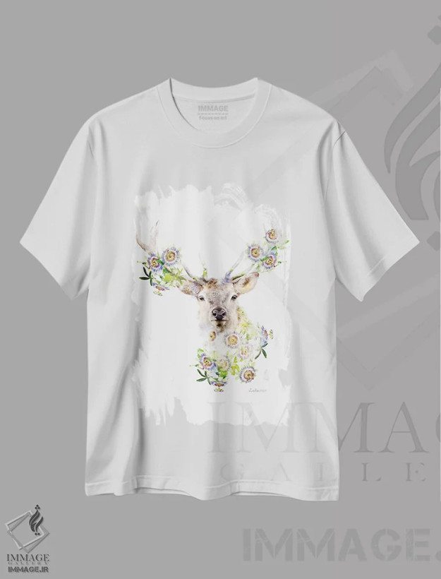 تیشرت سفید طرح دار گوزن نر گیاهی حیات وحش، هنر دیجیتال اثر لولا دیزاین | فروشگاه ایماژ