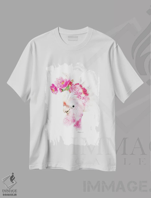 تیشرت سفید طرح دار کاکاتوو صورتی گیاهی حیات وحش، هنر دیجیتال اثر لولا دیزاین | فروشگاه ایماژ