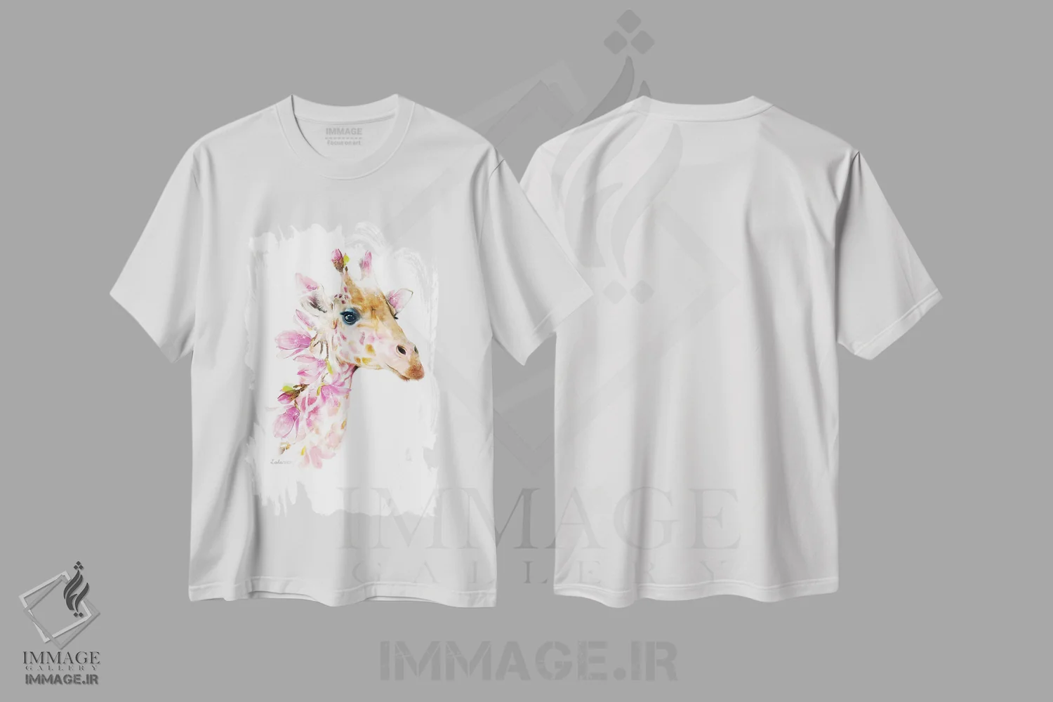 تیشرت سفید طرح دار زرافه گیاهی حیات وحش، هنر دیجیتال اثر لولا دیزاین | فروشگاه ایماژ
